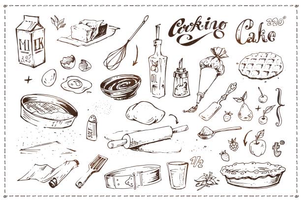Hand drawn ink sketch icons set on the culinary theme - kitchen utensils, fruits and pastry. Cooking cake illustration. Vintage doodles isolated on white background for menu design Hand drawn ink sketch icons. Cooking of cake rolling dough stock illustrations