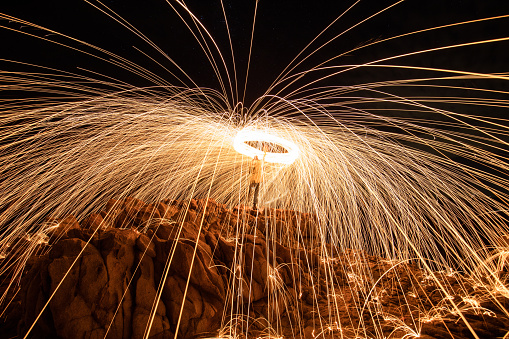 Spinning burning steel wool over a long exposure