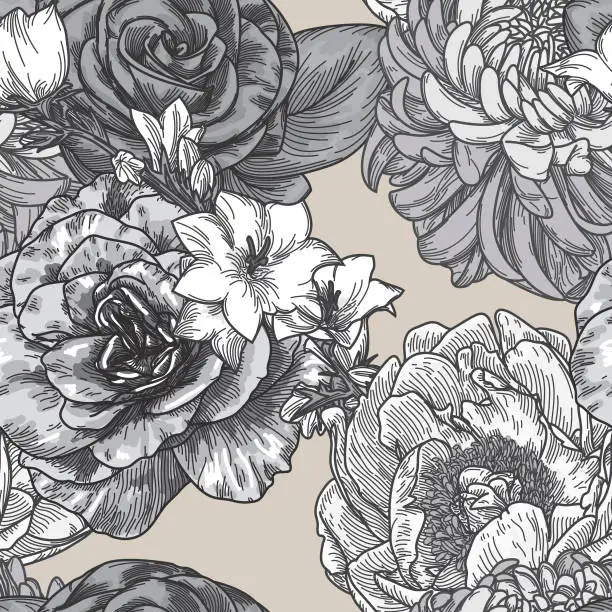 Vector illustration of Vintage Line Art Seamless Floral Patterns