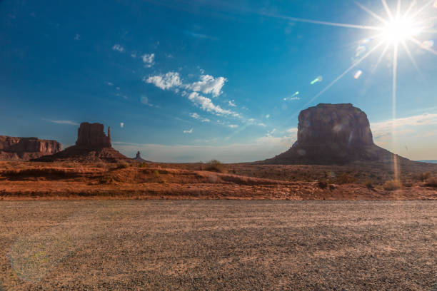 Monument Valley, a red-sand desert region on the Arizona-Utah border, is known for the towering sandstone buttes of Monument Valley Navajo Tribal Park. Monument valley landscape with buttes.