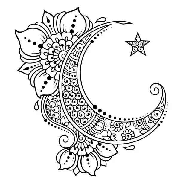 Vector illustration of Religious Islamic symbol of the Star and the Crescent with flower in mehndi style. Decorative sign for making and tattoos. Eastern Muslim signifier.