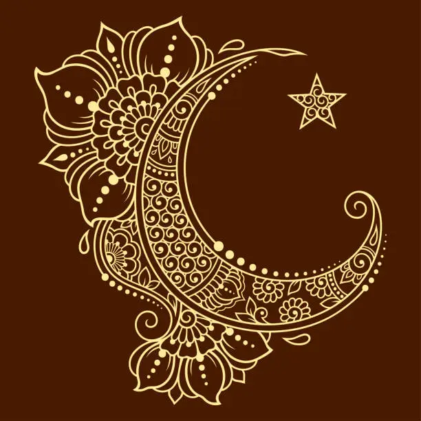 Vector illustration of Religious Islamic symbol of the Star and the Crescent with flower in mehndi style. Decorative sign for making and tattoos. Eastern Muslim signifier.