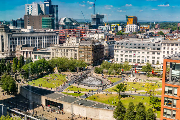 Panoramic view of Piccadilly Gardens and its surroundings in Manchester, England. stock photo