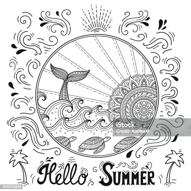 Whale Diving Into Sea Against The Sunset Ocean Landscape With Waves Mandala In Form Of Sun Fish Tail Lettering Hello Summer Coloring Book Page For Children And Adults Stock Illustration - Download Image Now