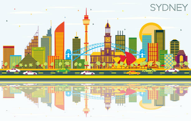 sydney australia city skyline z kolorowymi budynkami, błękitnym niebem i refleksjami. - sydney australia skyline city australia stock illustrations