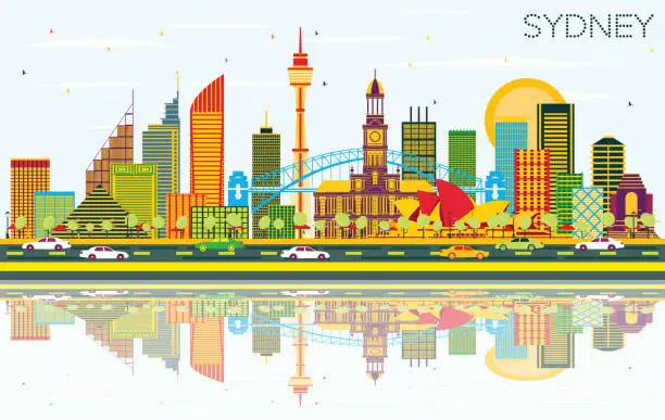 Vector illustration of Sydney Australia City Skyline with Color Buildings, Blue Sky and Reflections.