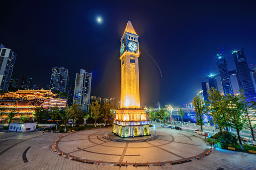 Night view of the Clock tower landmark building at the Changjiang Museum of Contemporary Art on September 23, 2018 in Chongqing