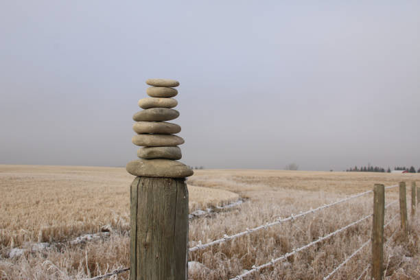 A stack of beige colored rocks sitting on top of a wooden fence post in a rural scene on an overcast cold day.