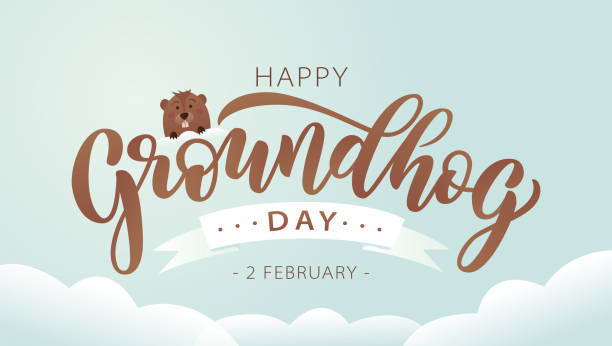 Happy Groundhog Day. Hand drawn lettering text with cute groundhog. 2 February. Vector illustration. Happy Groundhog Day. Hand drawn lettering text with cute groundhog. 2 February. Vector illustration. Script. Calligraphic design for print greetings card, banner, poster. Colorful groundhog stock illustrations