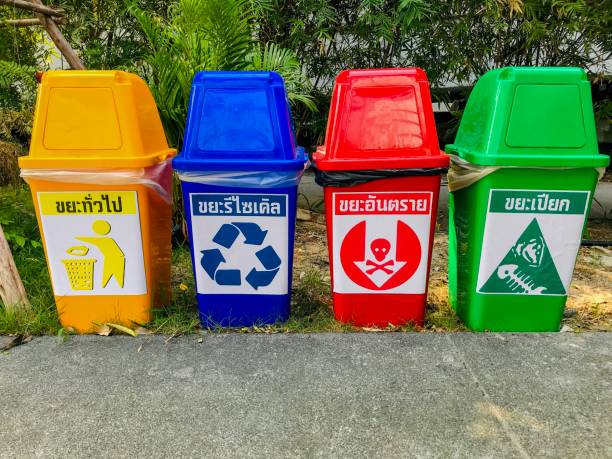 istock Garbage bin with symbol and letter indicating usage in Thai language, yellow color is general garbage, blue is recyclable garbage, red is hazardous waste, green is wet garbage 1090329020