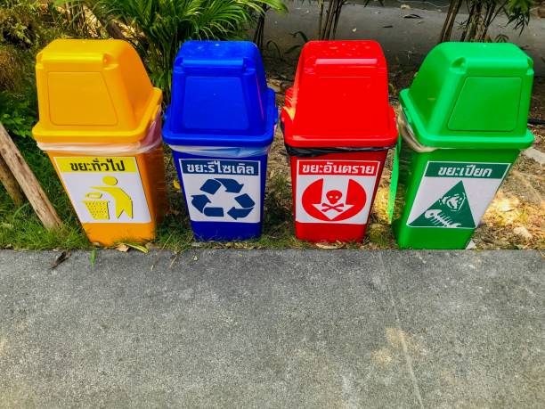 istock Garbage bin with symbol and letter indicating usage in Thai language, yellow color is general garbage, blue is recyclable garbage, red is hazardous waste, green is wet garbage 1090329042