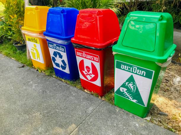 istock Garbage bin with symbol and letter indicating usage in Thai language, yellow color is general garbage, blue is recyclable garbage, red is hazardous waste, green is wet garbage 1090329072