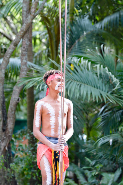 adulto indígena australiano jovem segurando lanças - australia boomerang aboriginal aborigine - fotografias e filmes do acervo