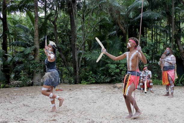 Indigenous Australians
People Dancing to Didgeridoo Musical Instrument Sound Rhythm Indigenous Australian
People dancing to didgeridoo musical instrument sound rhythm in Queensland, Australia. traditionally australian stock pictures, royalty-free photos & images