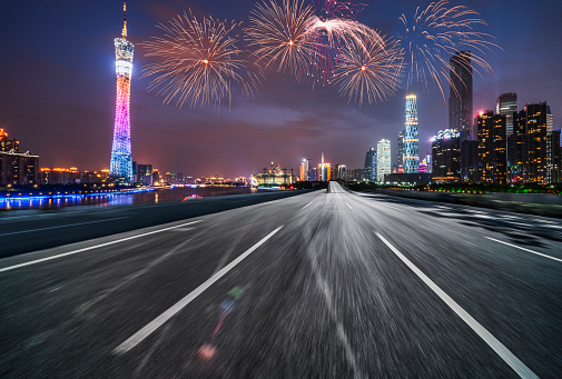 2019 New Year fireworks display over Guangzhou city skyline,Guangdong province,China.