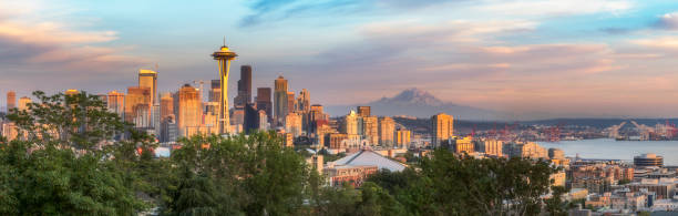 usa, état de washington, skyline de seattle et mont rainier - seattle skyline mt rainier space needle photos et images de collection