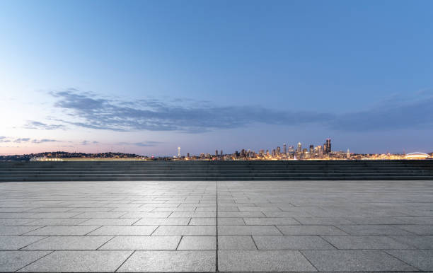 istock empty square front of urban skyline,seattle 1090340156