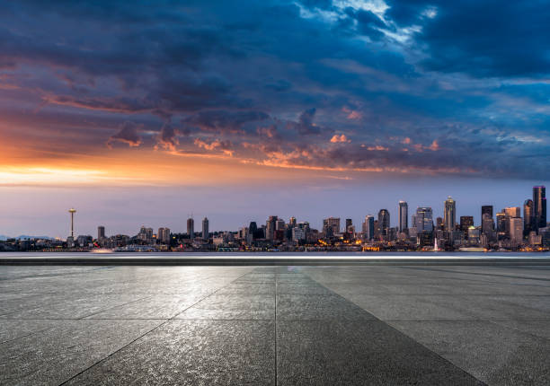 istock empty square front of urban skyline,seattle 1090340160