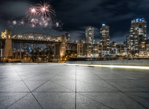 fireworks display over Burrard Street Bridge,Vancouver stock photo