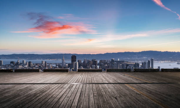 empty wooden floor front of san francisco downtown skyline