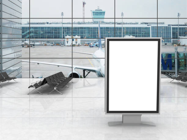 airport terminal billboard advertisement - airplane checkin imagens e fotografias de stock