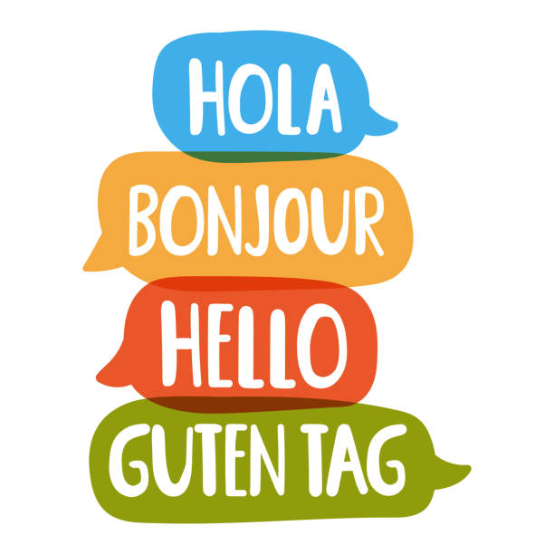 Hola, guten tag, bonjour, hello. Vector hand drawn, lettering illustration on white background. Social network or bilingual translation concept. bilingual stock illustrations