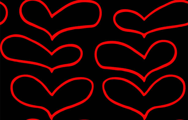 istock Seamless pattern of hand drawn red hearts in doodling style on black background 1090357900