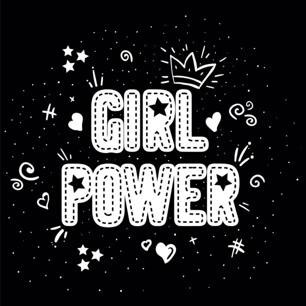 Vector illustration of Girl power with crown lettering with on black background. Woman motivational slogan and phrase. Feminist quote. Feminist saying. Stylish girly print for poster, stickers, patches