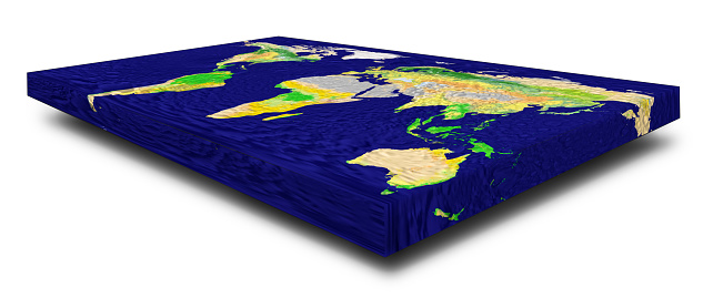 Representation of a rectangular flat Earth model on white background with shadow. Angle view with perspective 3d render. Elements of this image furnished by NASA.