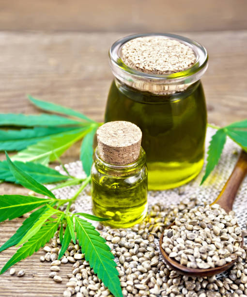 istock Oil hemp in two jars on wooden table 1090370110