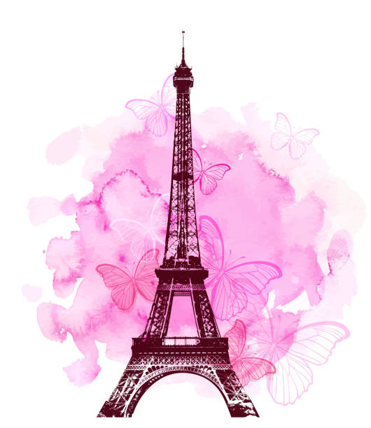 ilustrações de stock, clip art, desenhos animados e ícones de eiffel tower and butterfly - vector love pink dirty