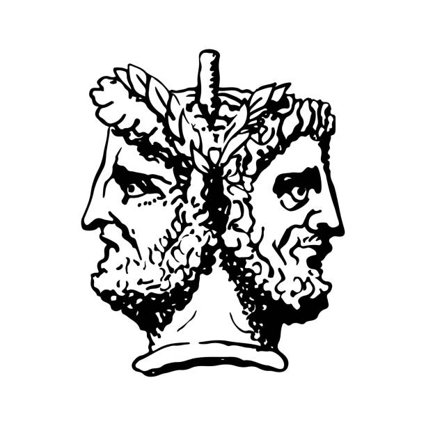 Two-faced Janus. Two male heads in profile, connected by the nape. Stylization of the ancient Roman style. Two-faced Janus. Two male heads in profile, connected by the nape. Stylization of the ancient Roman style. Graphical design. Illustration. janus head stock illustrations
