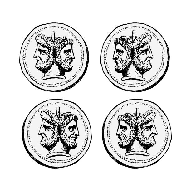 Two-faced Janus. Two male heads in profile, connected by the nape. Stylization of the ancient Roman coin. Two-faced Janus. Two male heads in profile, connected by the nape. Stylization of the ancient Roman coin. Graphical design. Vector illustration. janus head stock illustrations