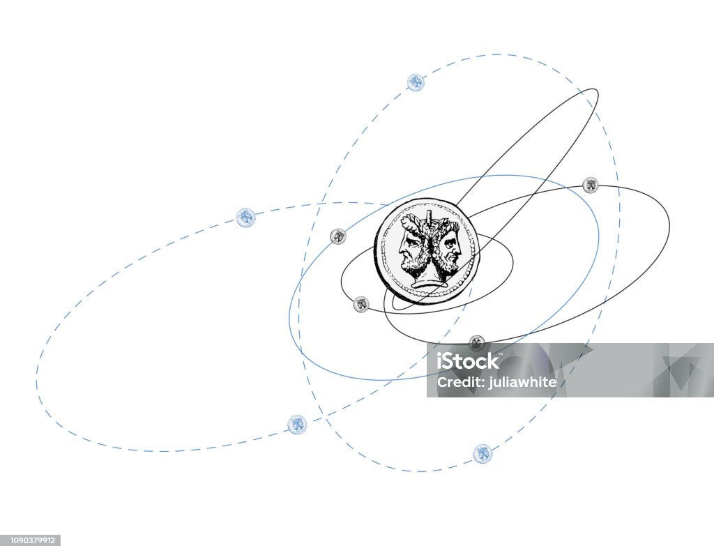 Quantum mechanics. The corpuscular-wave duality of elementary particles. Humorous illustration. Quantum mechanics. The corpuscular-wave duality of elementary particles. Humorous illustration. Mad orbits of electrons. Vector Janus stock vector