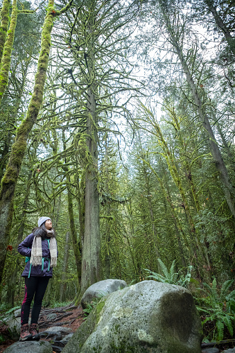 Forest Bathing  - trees covered in moss and lichen surround a Eurasian woman in Lynn Canyon Park, North Vancouver, British Columbia, Canada
