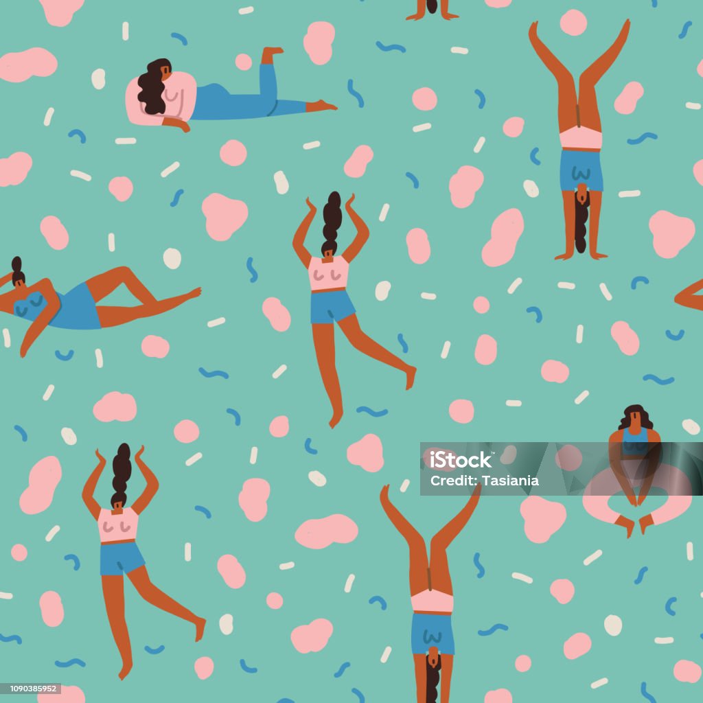 Body positive with various of young women characters in different poses seamless pattern in vector. Happy women characters seamless pattern in vector. Pattern stock vector