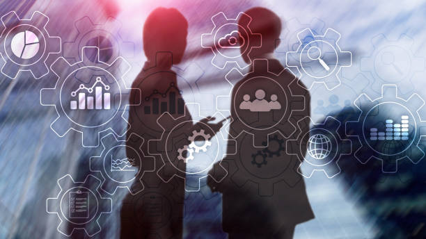 istock Business process abstract diagram with gears and icons. Workflow and automation technology concept 1090388746