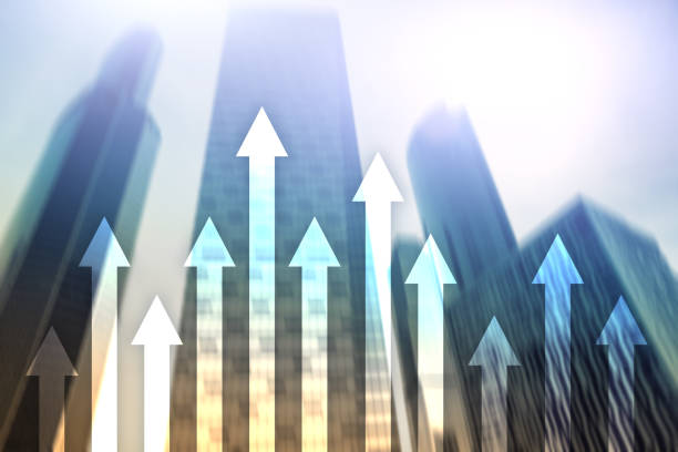 istock Up arrow graph on skyscraper background. Invesment and financial growth concept. 1090388934