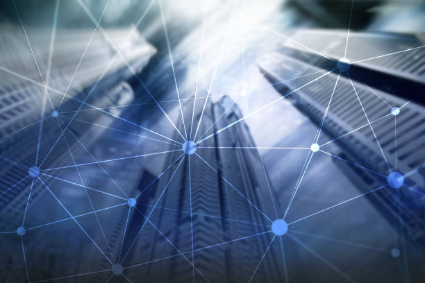 istock Blockchain network on blurred skyscrapers background. Financial technology and communication concept. 1090388994