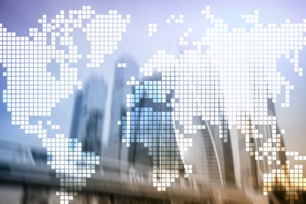 istock Double exposure world map on skyscraper background. Communication and global business concept. 1090389194