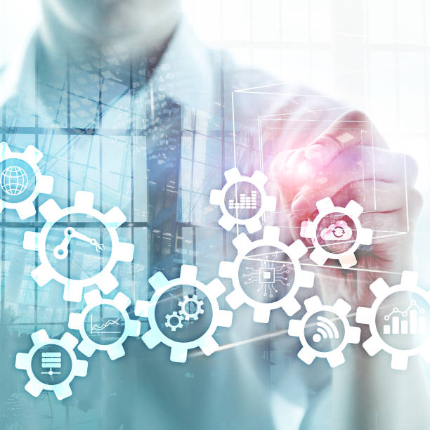 istock Automation technology and smart industry concept on blurred abstract background. Gears and icons. 1090389302