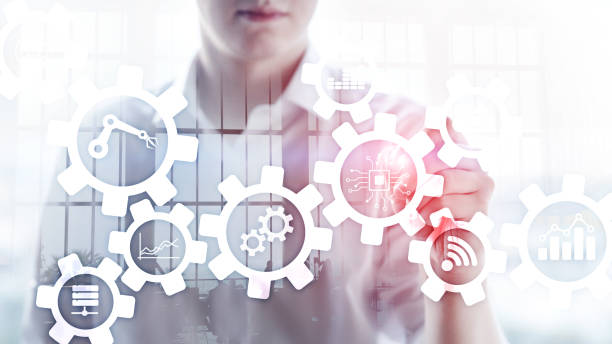 istock Automation technology and smart industry concept on blurred abstract background. Gears and icons. 1090389308