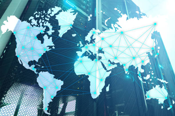 istock Internet and telecommunication concept with world map on server room background. 1090389536