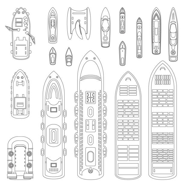 schiffen draufsicht dünne linie gesetzt. vektor. - tugboat shipping tanker industrial ship stock-grafiken, -clipart, -cartoons und -symbole