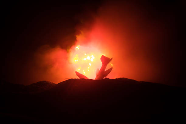 istock Air Crash. Burning falling plane. The plane crashed to the ground. Decorated with toy at dark fire background. Air accident concept. 1090391616
