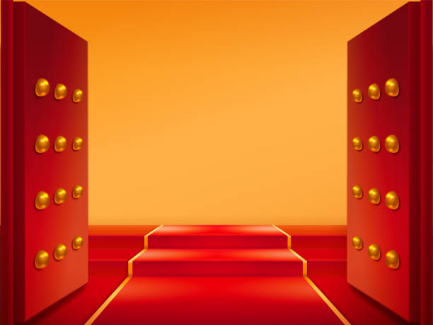 открытые ворота с золотом и красной ковровой дорожкой на лестнице - carpet iron stock illustrations