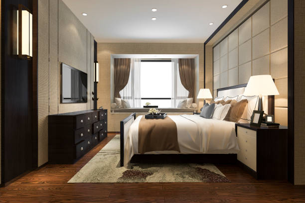 istock 3d rendering beautiful luxury bedroom suite in hotel with tv 1090393548