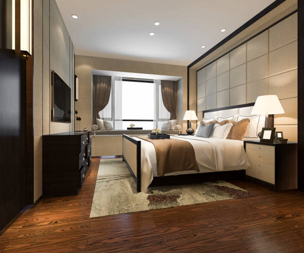 istock 3d rendering beautiful luxury bedroom suite in hotel with tv 1090393550