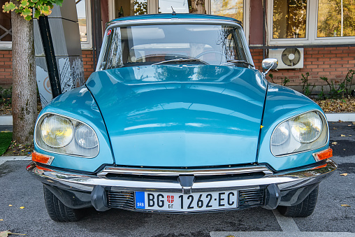 Belgrade, Serbia-October 13, 2018: An oldtimer exhibition in the parking lot in front of the Rakovica Municipality in Belgrade, Serbia. Citroen DS oldtimer car.