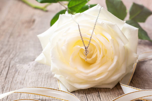 istock Silver necklace on a white rose flower. 1090400496